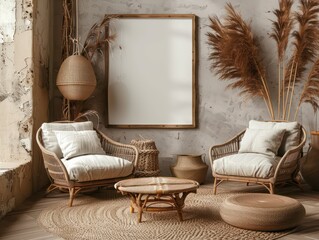 vertical picture frame hanging on the wall of a bohemian style living room interior
 - Powered by Adobe