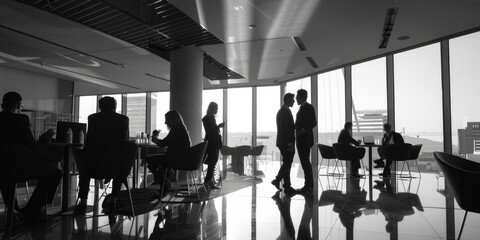 A black and white photo of people in a lobby. Suitable for various business and office concepts © Fotograf