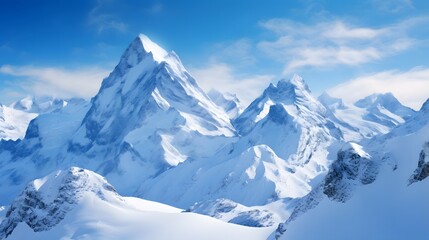 Mountain landscape with snow and clear blue sky. Panoramic view.