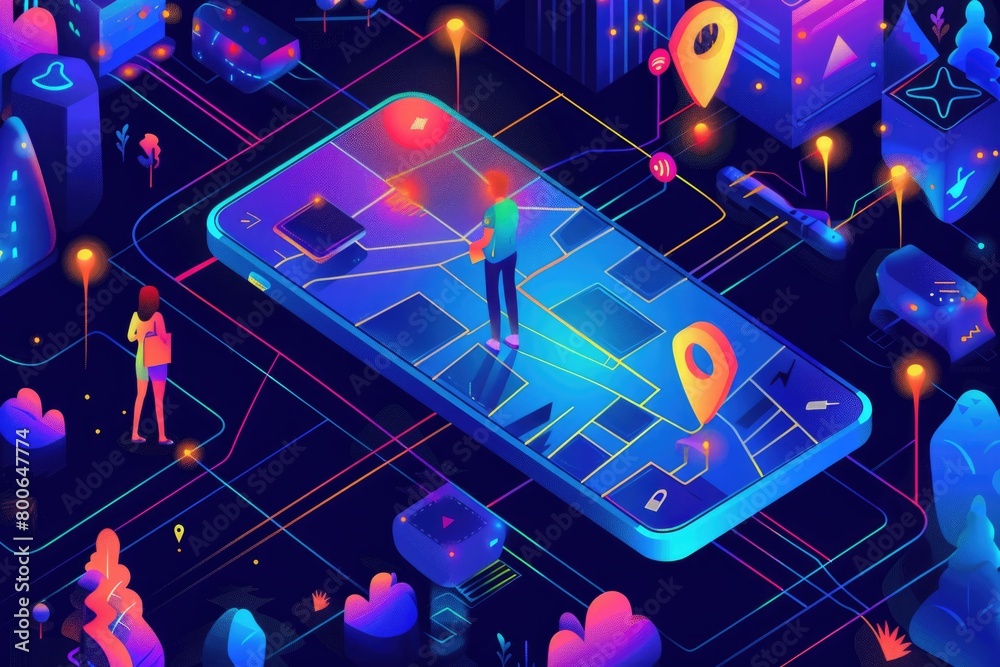 Poster A person standing with a cell phone in hand. Suitable for technology concepts
