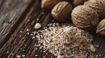 Assorted nuts and sea salt on rustic wooden table, perfect for food and nutrition concepts