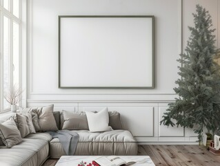 blank vintage frame mockup in a living room interior with a simple pine christmas tree
