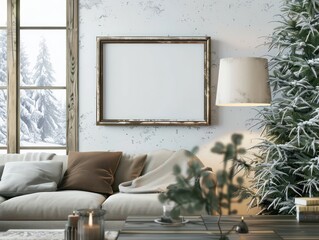 blank vintage frame mockup in a living room interior with a simple pine christmas tree
