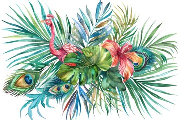 Fototapeta na wymiar Colorful tropical plants in a vibrant painting. Perfect for home decor