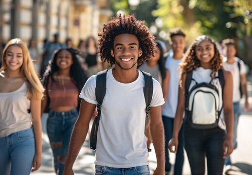 a group of smiling young people walk down the street with diverse ethnicities and backgrounds all carry backpacks on their backs as they walk toward the camera with smiles on their faces