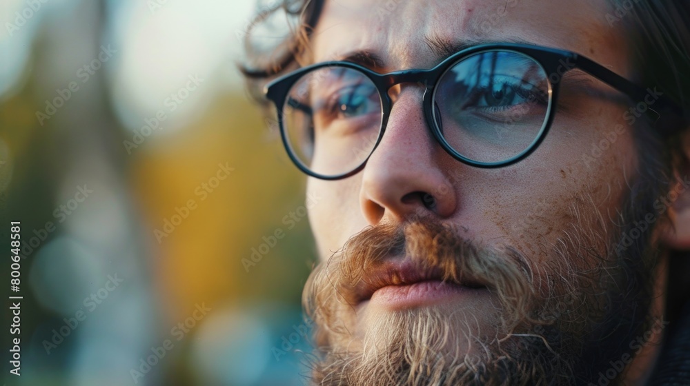 Poster close-up portrait of a man with glasses and a beard, suitable for various professional and academic 