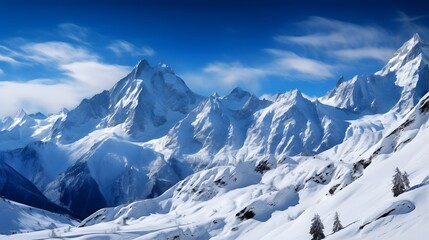 panoramic view of snow covered alpine peaks in the Swiss Alps