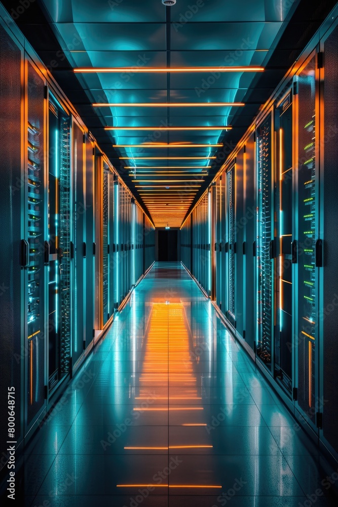 Aufkleber A long hallway filled with rows of servers. Ideal for technology or data center concepts