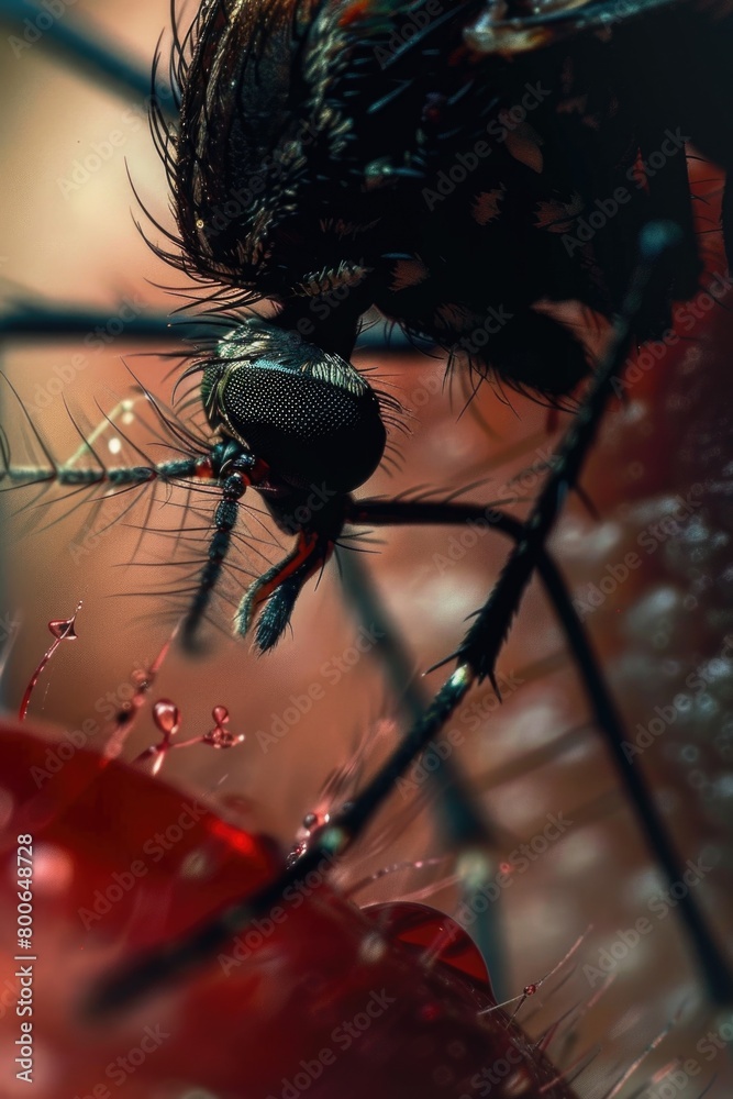 Poster Detailed close up of a fly resting on a red object. Suitable for nature or macro photography projects
