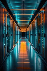 A long hallway filled with rows of servers. Ideal for technology or data center concepts