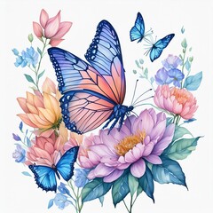 butterfly on flower; watercolor illustration of flowers and butterflies; isolated