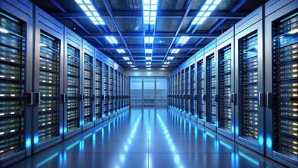 A futuristic and modern server room with racks of servers and blue LED lights, representing advanced technology and data storage