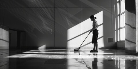 A person cleaning a room with a mop. Suitable for cleaning service concepts