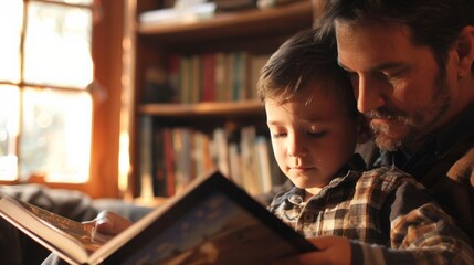 Man Reading Book to Young Boy