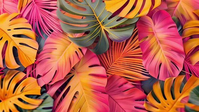 trendy summer Bali style floral patter background , colorful leaves palm shape art video wallpaper. Summer colors botanical tropical leaves ,sun light and shadows, pink, yellow lea