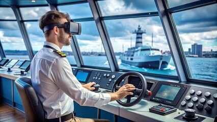 A ship captain in uniform uses virtual reality glasses at the helm inside a modern ship simulator for training