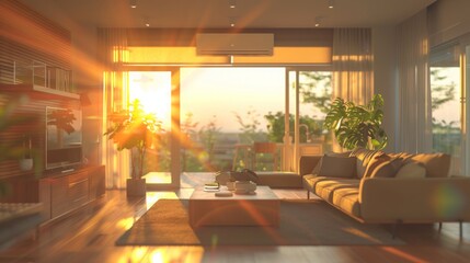 Golden Sunset Light Bathing a Modern Living Room