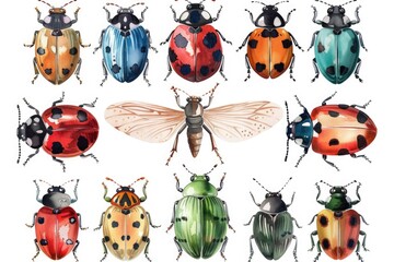 Fototapeta premium Various colored bugs on a plain white background. Ideal for educational materials or science-related projects