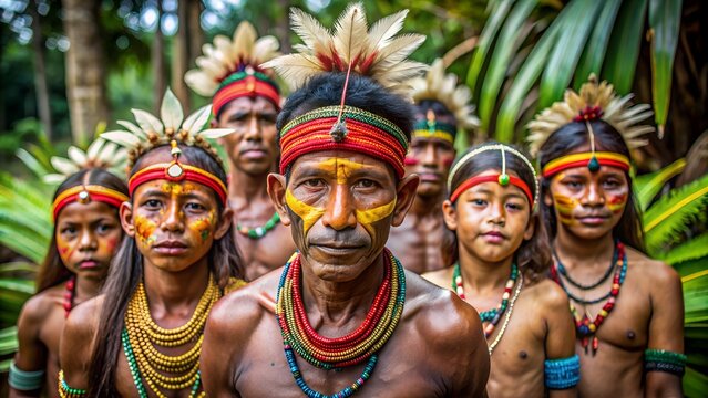 Group of indigenous people with face paint and traditional attire posing in a lush green environment