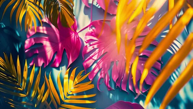 trendy summer bali style floral patter background , colorful leaves palm shape art video wallpaper. Summer colors botanical tropical leaves ,sun light and shadows, pink, blue lea