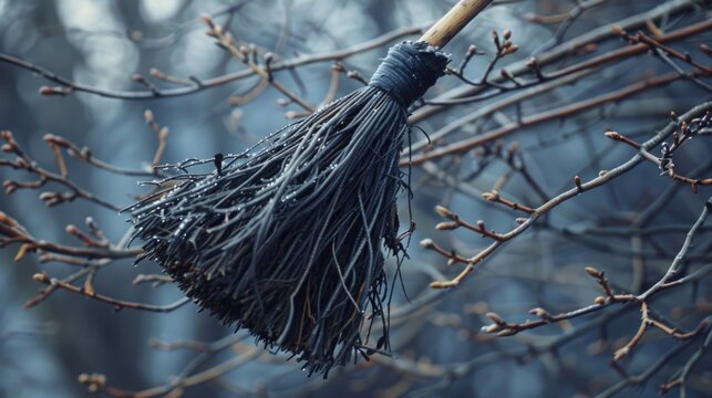 Black broom hanging from a tree branch, suitable for Halloween themes