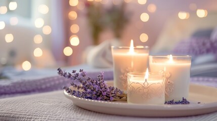 The calming aroma of lavender and vanilla wafts from the elegant candles arranged on a chic tray in the bedroom. 2d flat cartoon.