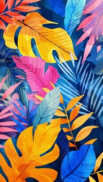 trendy summer bali style floral patter background , colorful leaves palm shape art video wallpaper. Summer colors botanical tropical leaves ,sun light and shadows, pink, blue lea