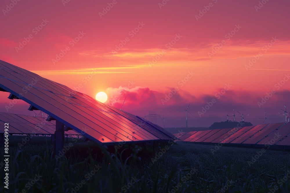 Poster row of solar panels in field at sunset. ideal for renewable energy concepts