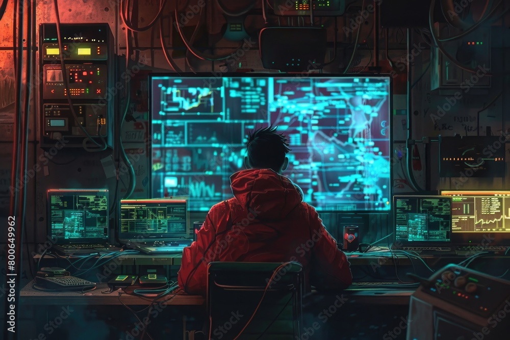 Aufkleber A man sitting at a desk in front of a computer. Suitable for business or technology concepts