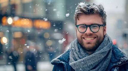 a handsome man with glasses and a beard in a city street smiling - obrazy, fototapety, plakaty
