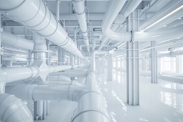 industrial interior facility pipes running through a white minimalist factory hall and a high tech pressure meter 
