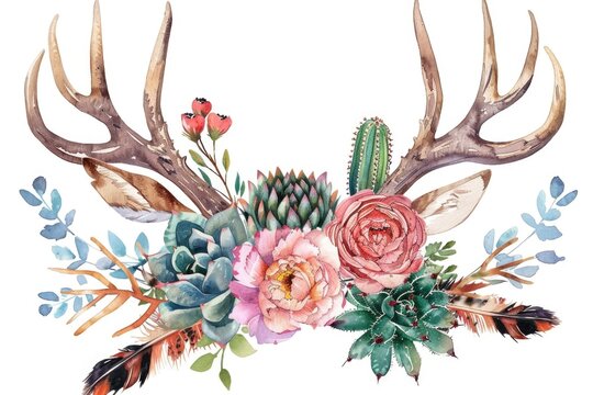 Watercolor painting of deer antlers and succulents, perfect for nature-themed designs