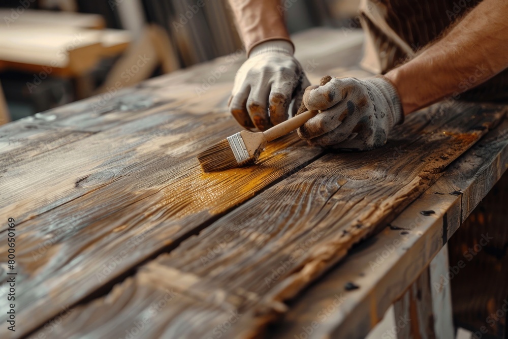 Poster a person using a paint brush on a wooden table. ideal for creative design projects