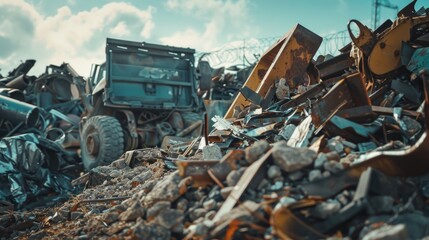Fototapeta premium Bulldozer working on clearing rubble site, suitable for construction projects