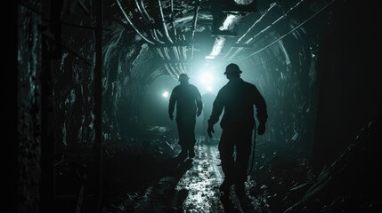 Two men walking through a dark tunnel. Suitable for concepts of exploration and adventure