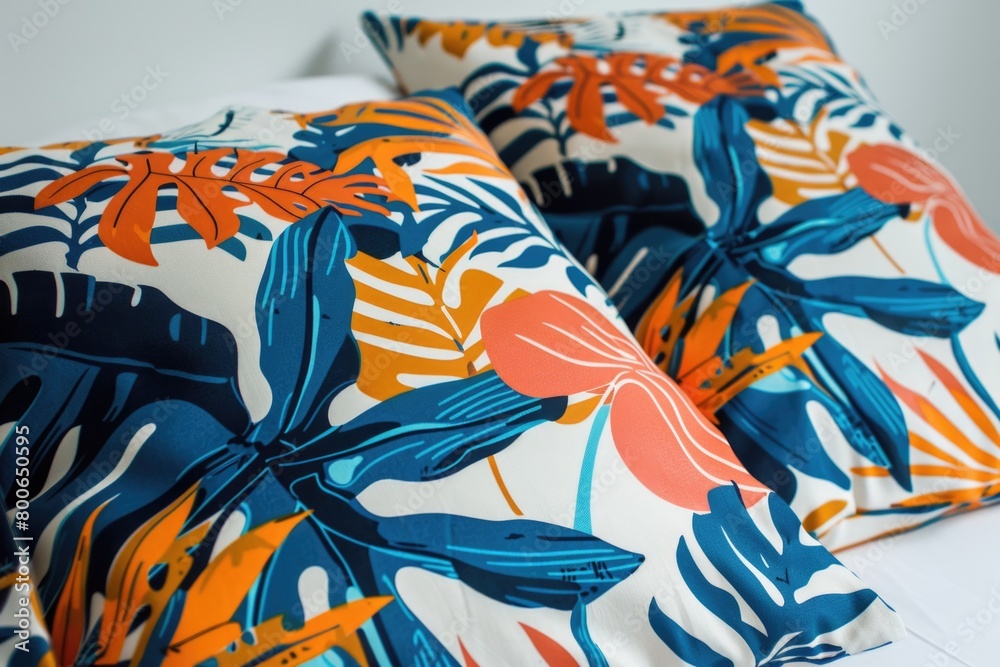 Poster Close up of two pillows on a bed. Suitable for interior design projects