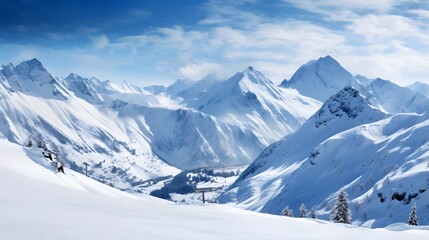 Fototapeta na wymiar Beautiful winter mountains panorama with snow covered fir trees and blue sky