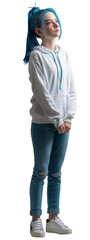 Fototapeta premium Young teenager girl with blue ponytail hairstyle . Clipart PNG image . Transparent background . Full body view