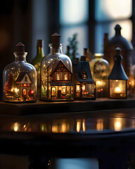 Several illuminated miniature villages enclosed in glass bottles.
