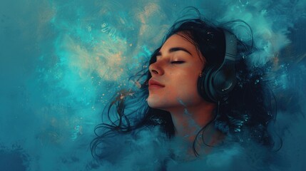 woman with headphones floating in the water, listening to music while relaxing.