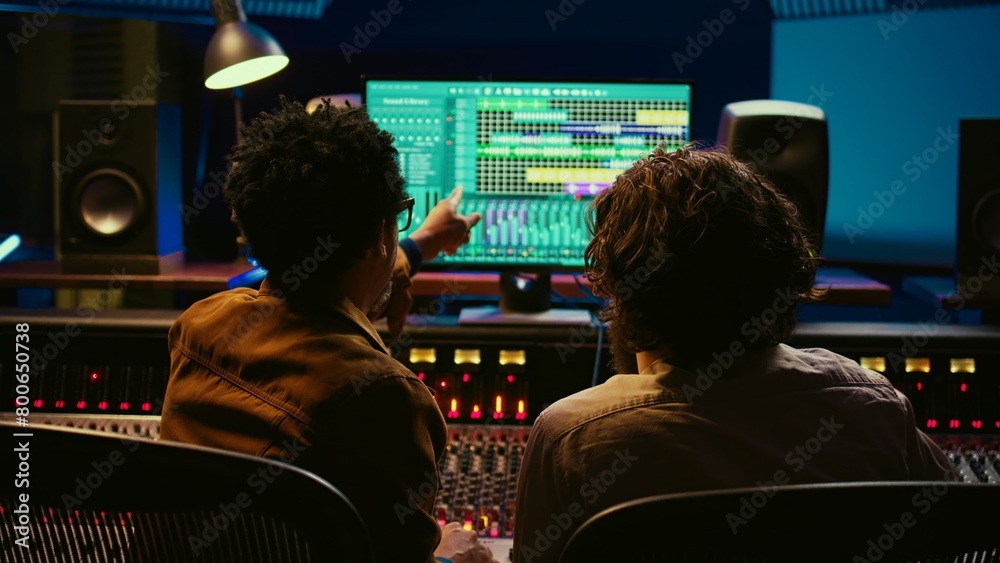 Leinwandbilder Team of sound engineers working on recording and editing tracks in professional studio control room, collaborating on mix and master audio files. Musician and technician pressing sliders. Camera B.