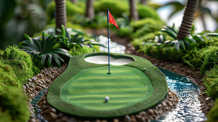 photo realistic miniature golf course green, golf resort, golf, golfing, summer time