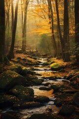 Stream in the autumn forest. Panoramic view. Beautiful nature scene.