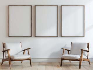 empty poster frames on a white wall in a modern interior apartment, nice and light colors