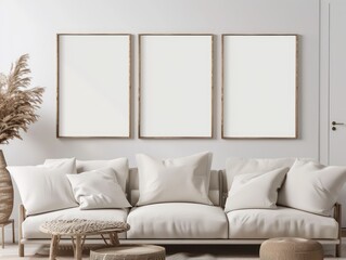 empty poster frames on a white wall in a modern interior apartment, nice and light colors