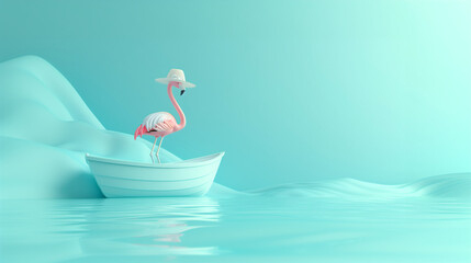 Pink flamingo in a white boat, summer minimal concept
