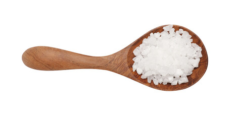 Natural salt in wooden spoon isolated on white, top view