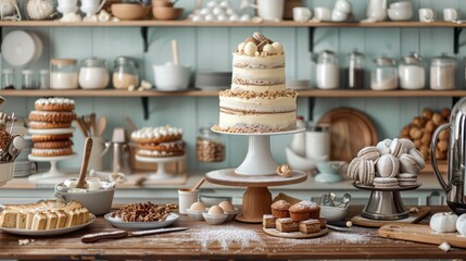 cakes, professional baking equipment and ingredients in a bakery kitchen setting