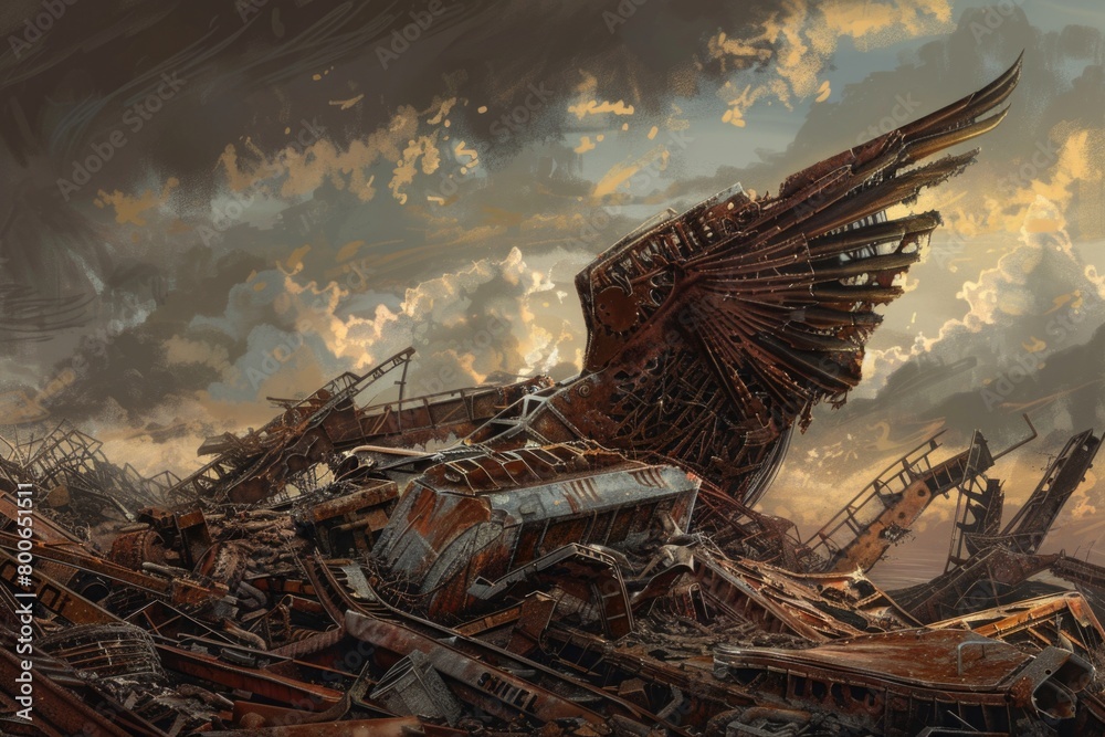 Poster A bird perched on a heap of scrap, suitable for environmental concepts