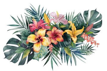 Colorful tropical flowers arranged in a beautiful bouquet on a clean white background. Perfect for tropical-themed designs or greeting cards